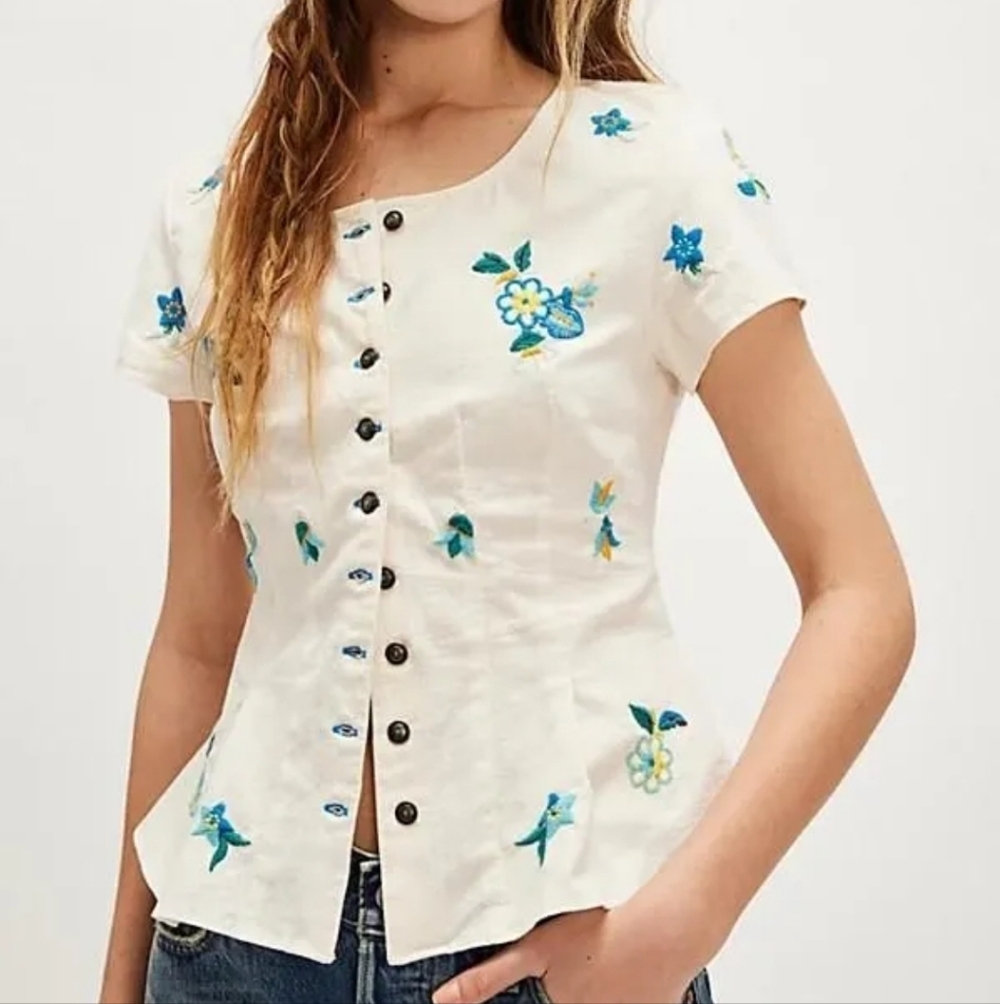 NWT Kelly Embroidered Vlouse At Free People In Ivory Sz Sm